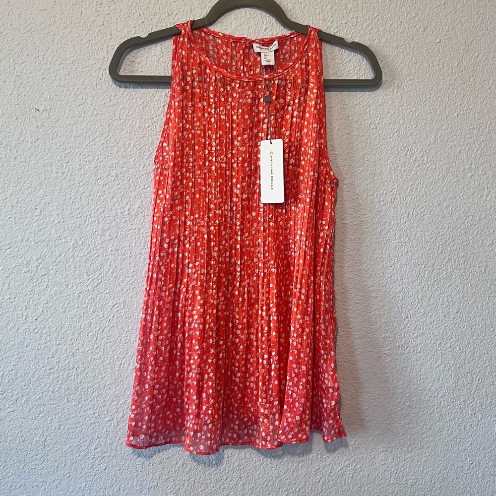 Sleeveless coral patterned semi sheer blouse Sz L